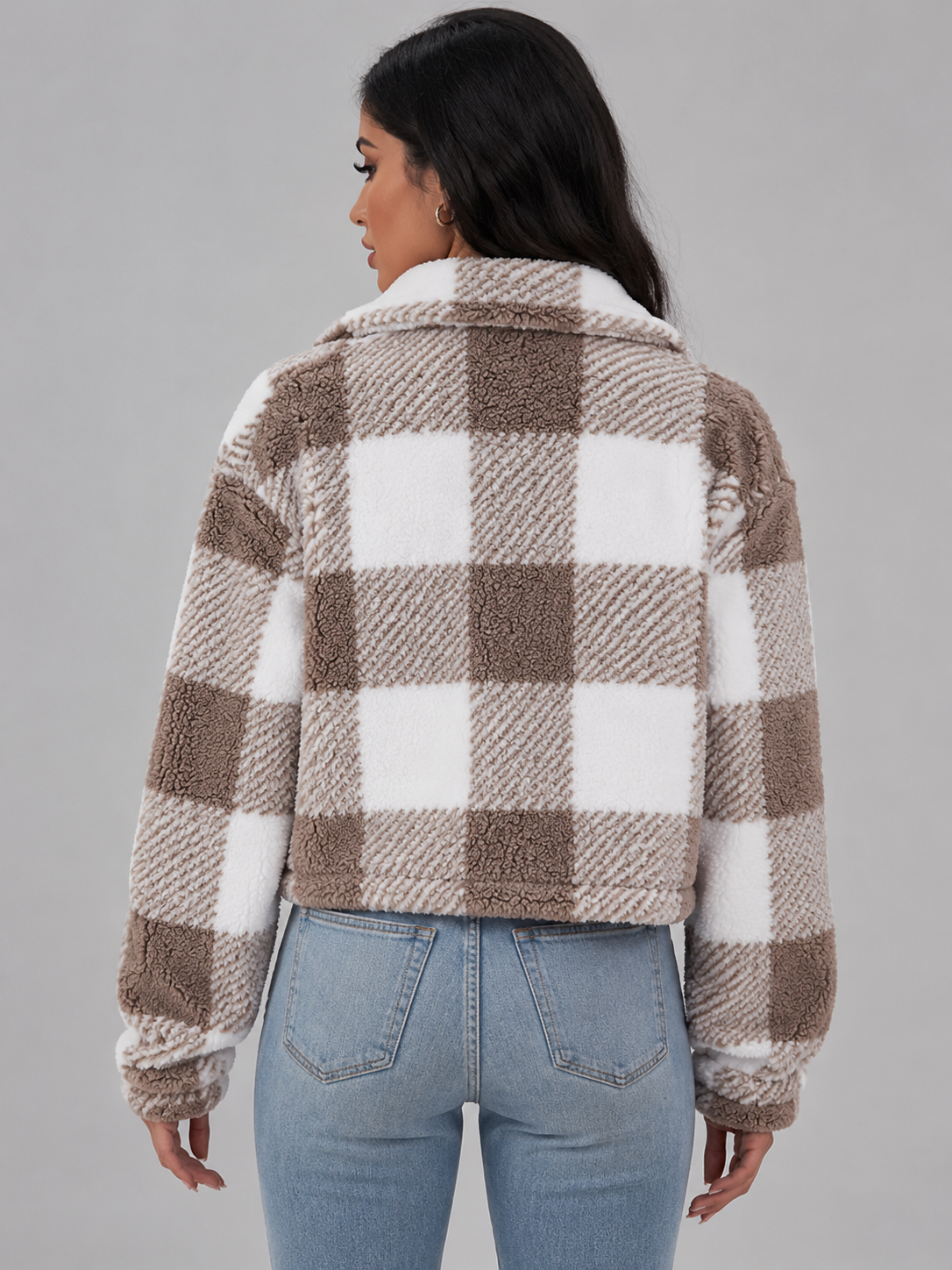 Women's cropped sherpa jacket in a buffalo check with a button front
