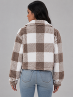 Women's cropped sherpa jacket in a buffalo check with a button front