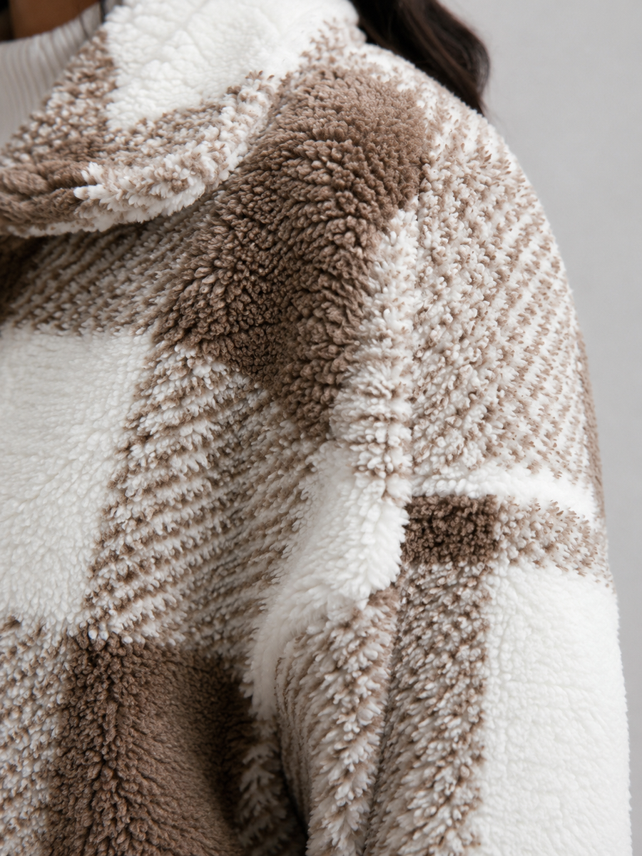 Women's cropped sherpa jacket in a buffalo check with a button front