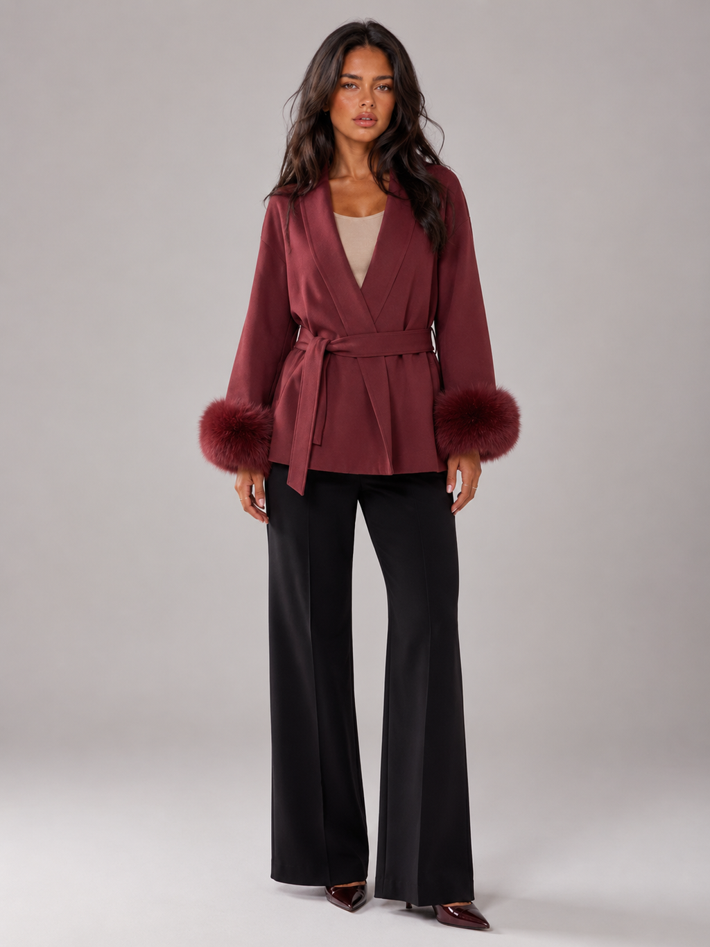 Women's belted coat with faux fur cuffs