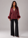 Women's belted coat with faux fur cuffs