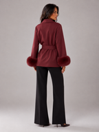 Women's belted coat with faux fur cuffs
