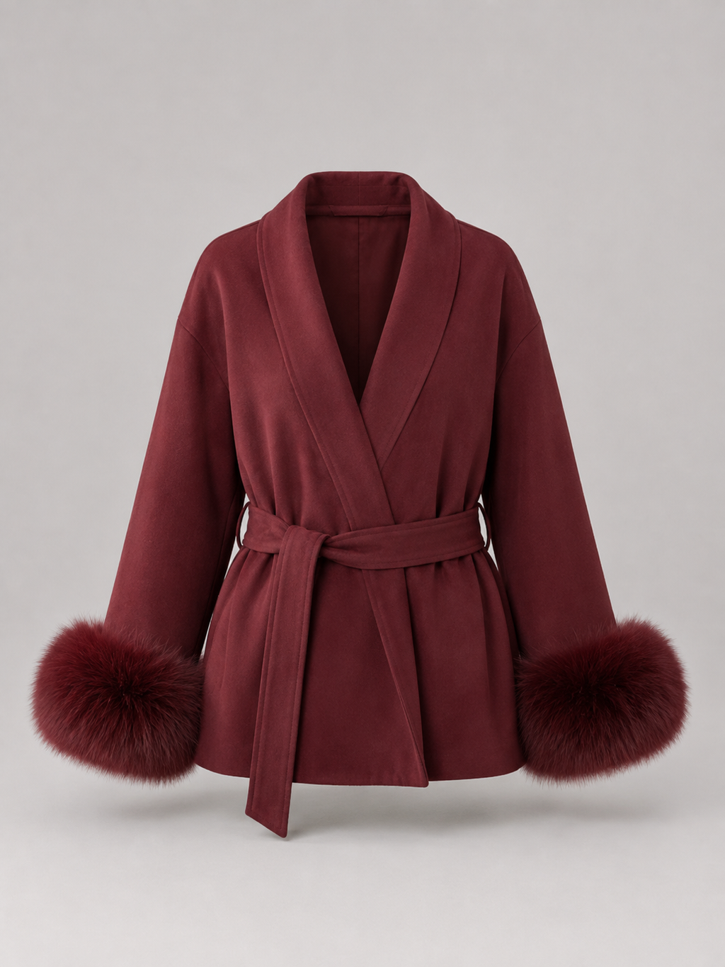 Women's belted coat with faux fur cuffs