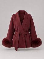 Women's belted coat with faux fur cuffs