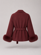 Women's belted coat with faux fur cuffs