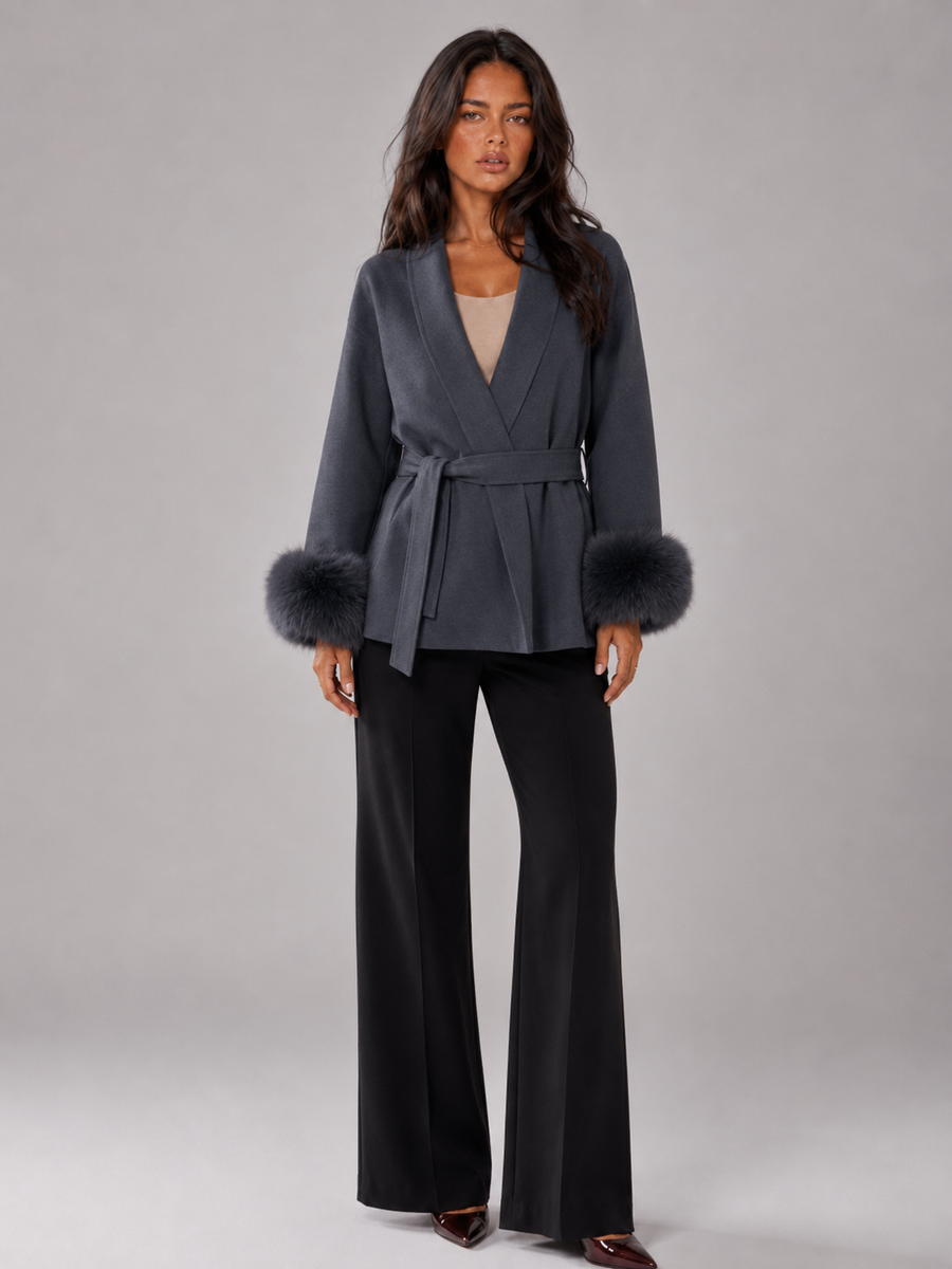 Women's belted coat with faux fur cuffs