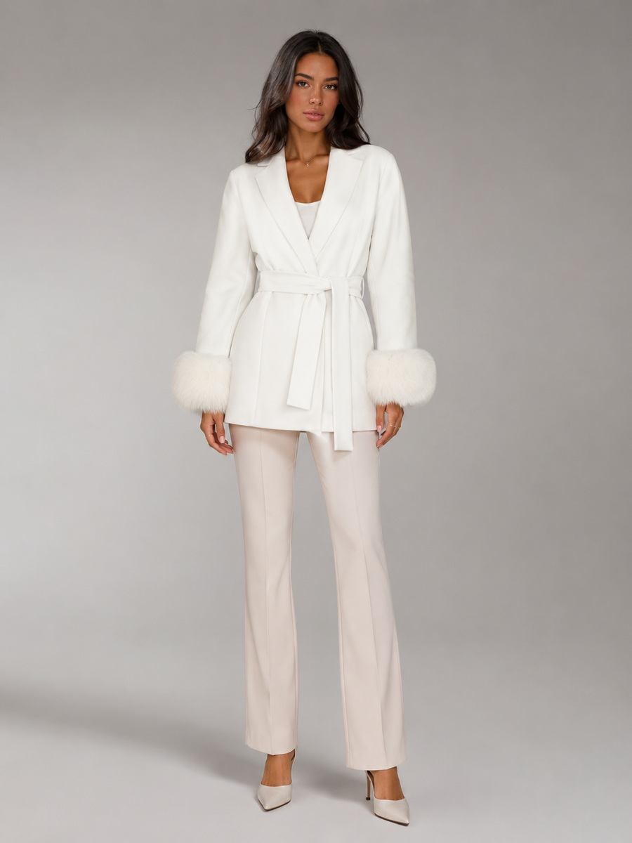 Women's belted coat with faux fur cuffs