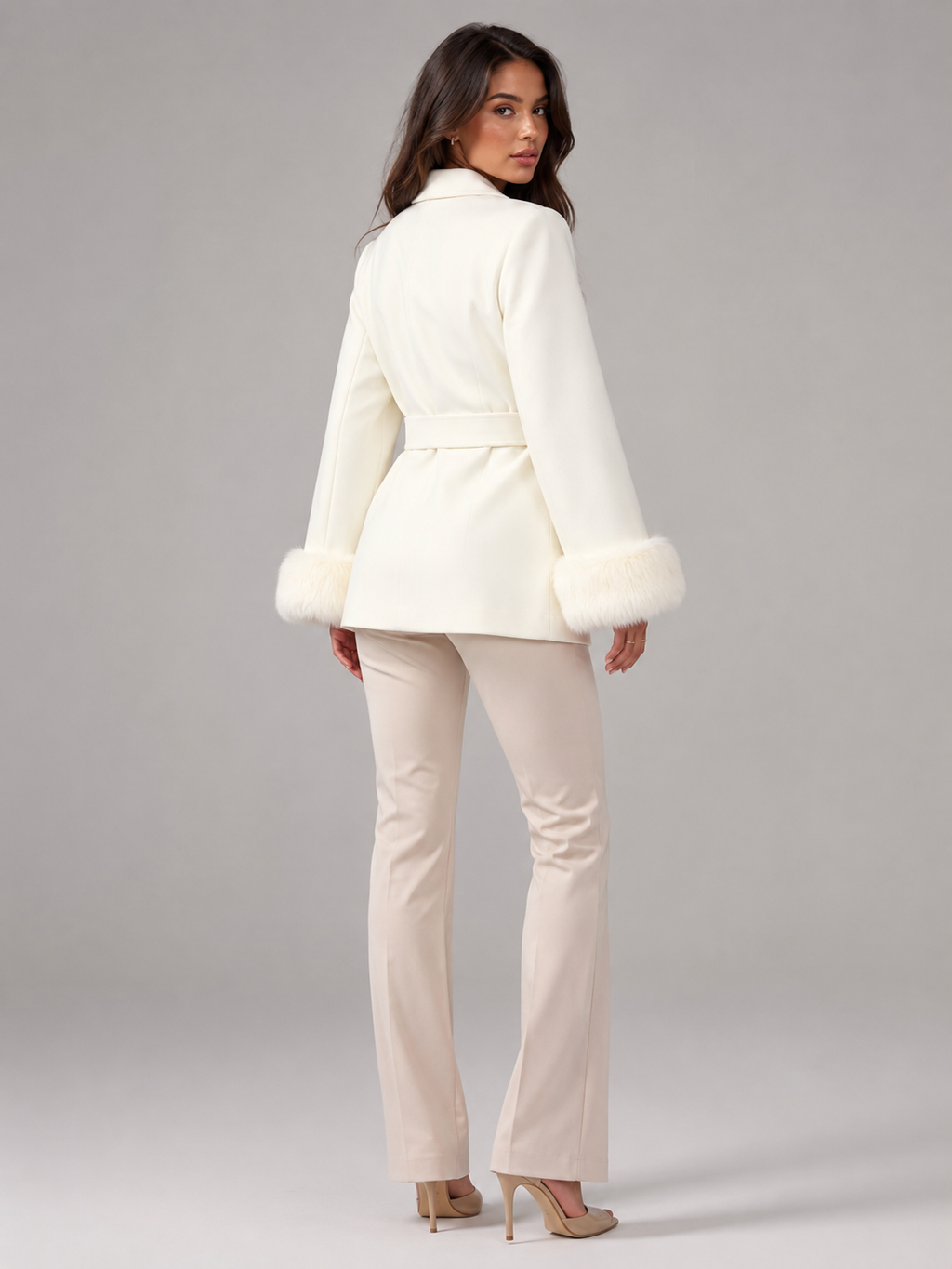 Women's belted coat with faux fur cuffs