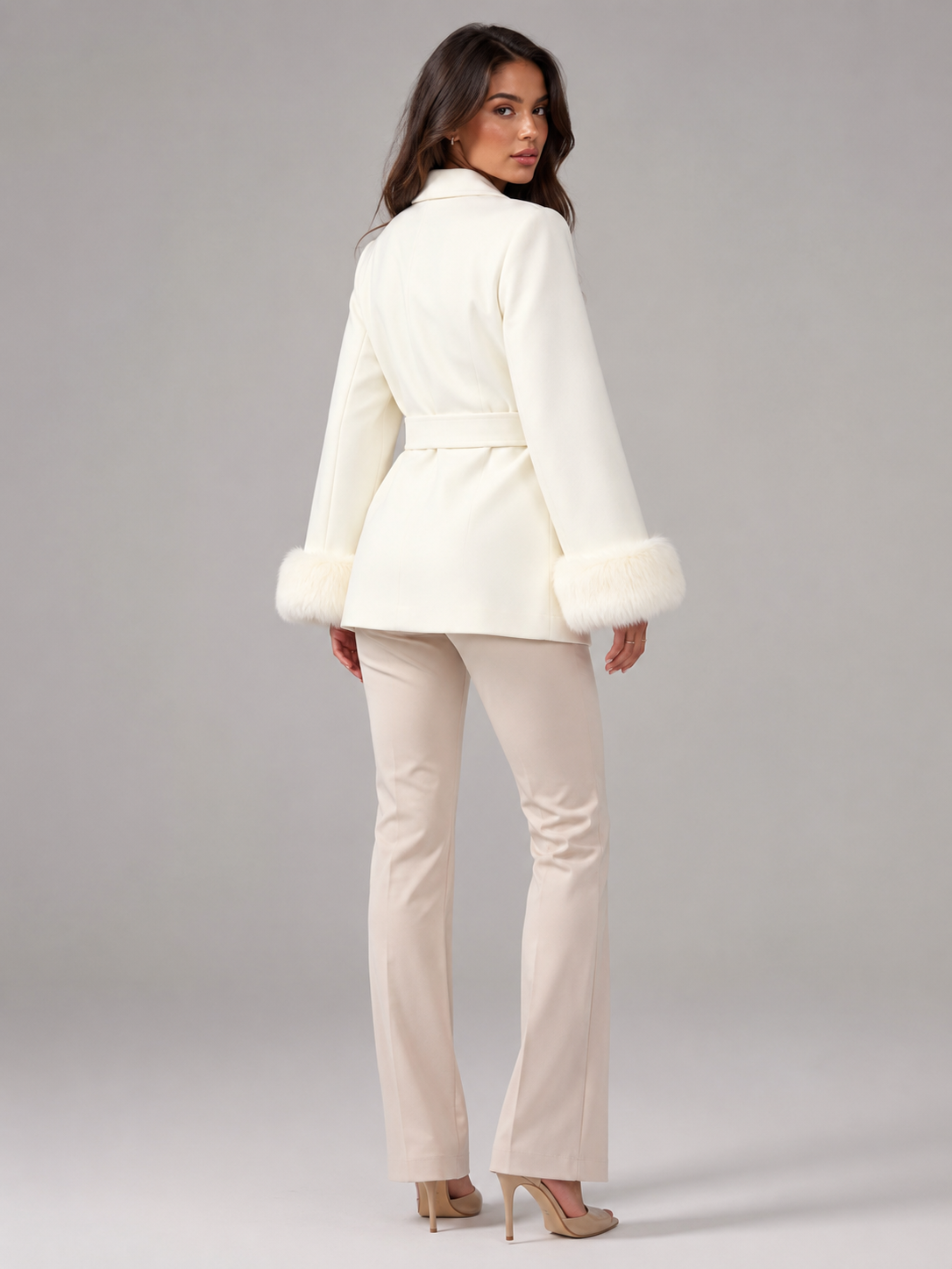 Women's belted coat with faux fur cuffs