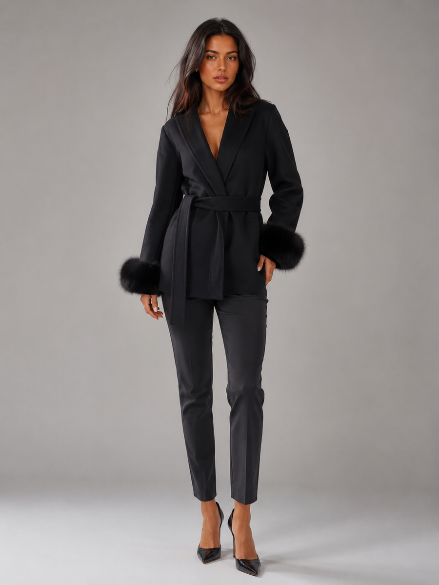 Women's belted coat with faux fur cuffs