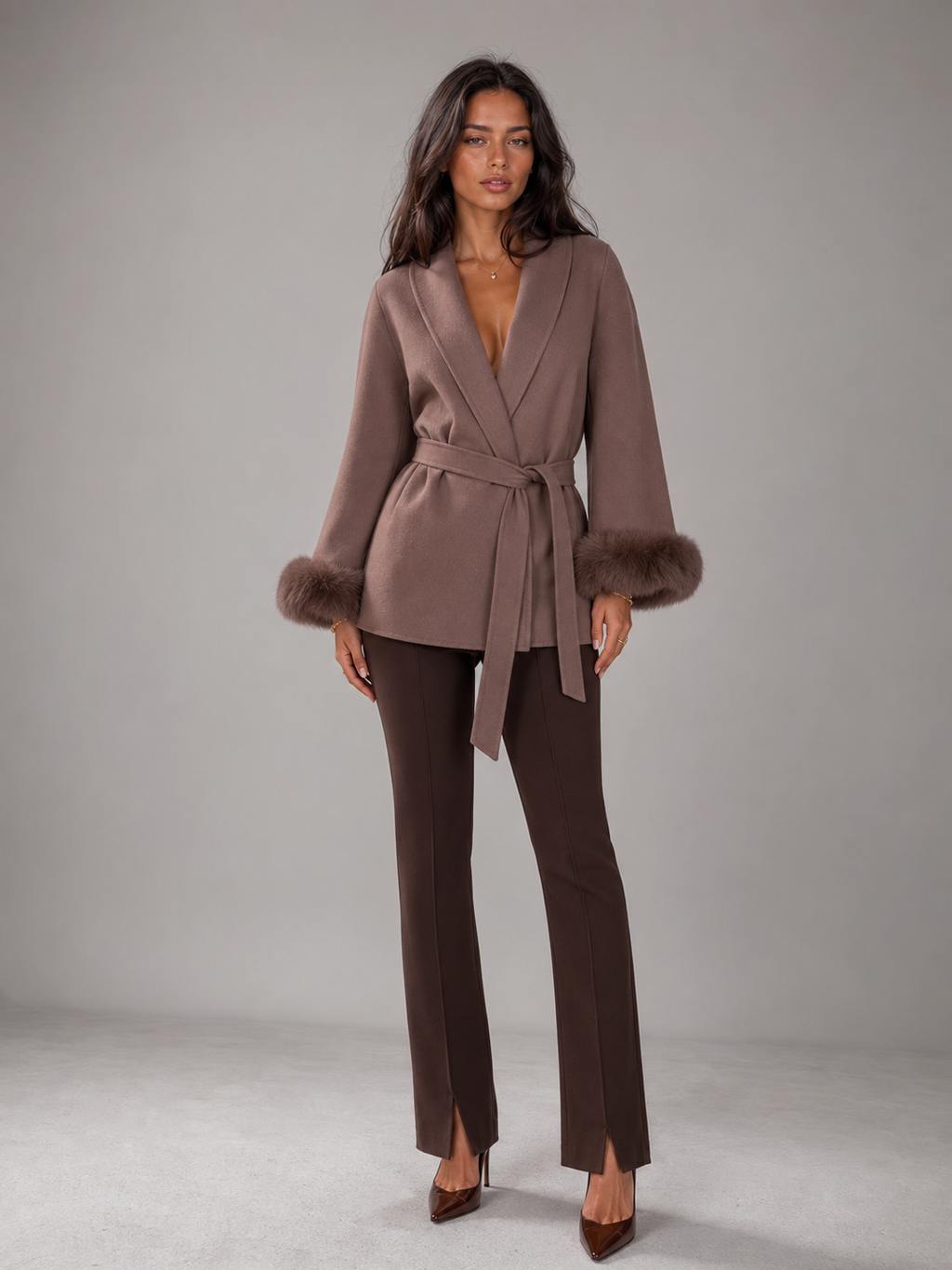 Women's belted coat with faux fur cuffs