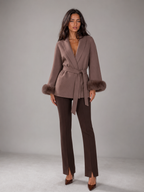 Women's belted coat with faux fur cuffs