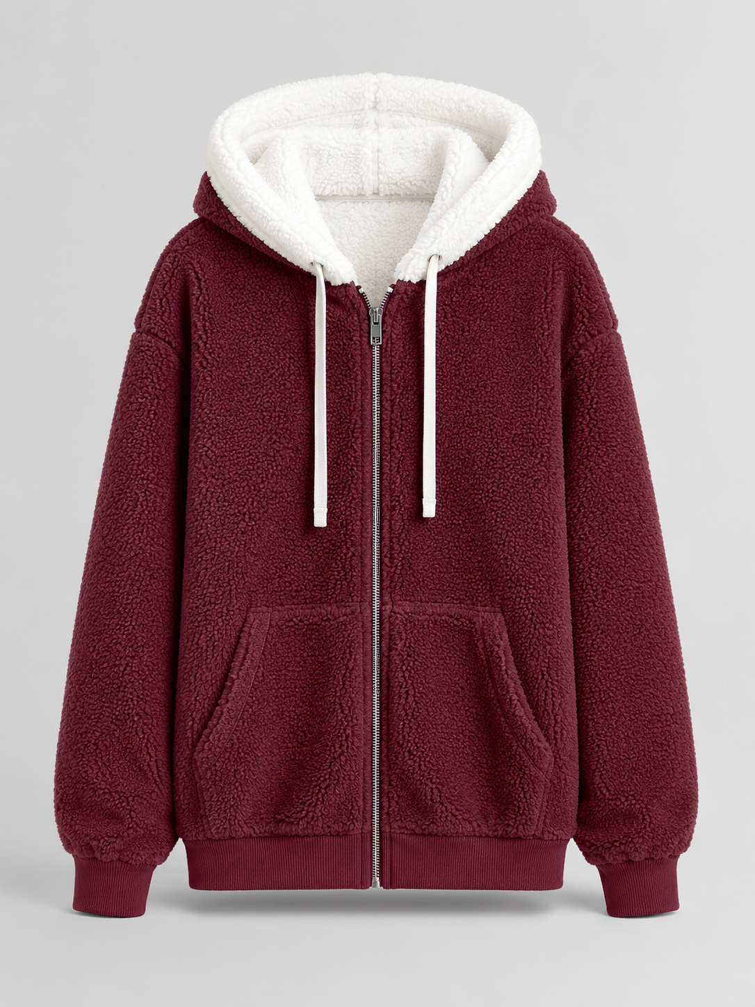 Women's sherpa-lined hooded padded jacket with a zip front