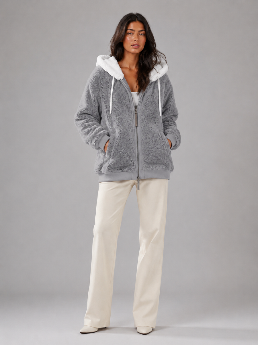 Women's sherpa-lined hooded padded jacket with a zip front