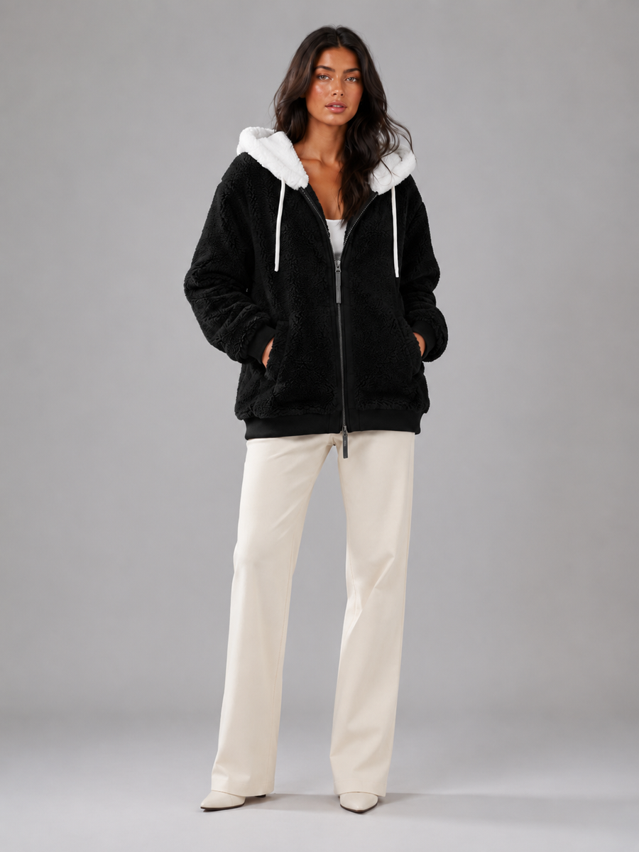Women's sherpa-lined hooded padded jacket with a zip front