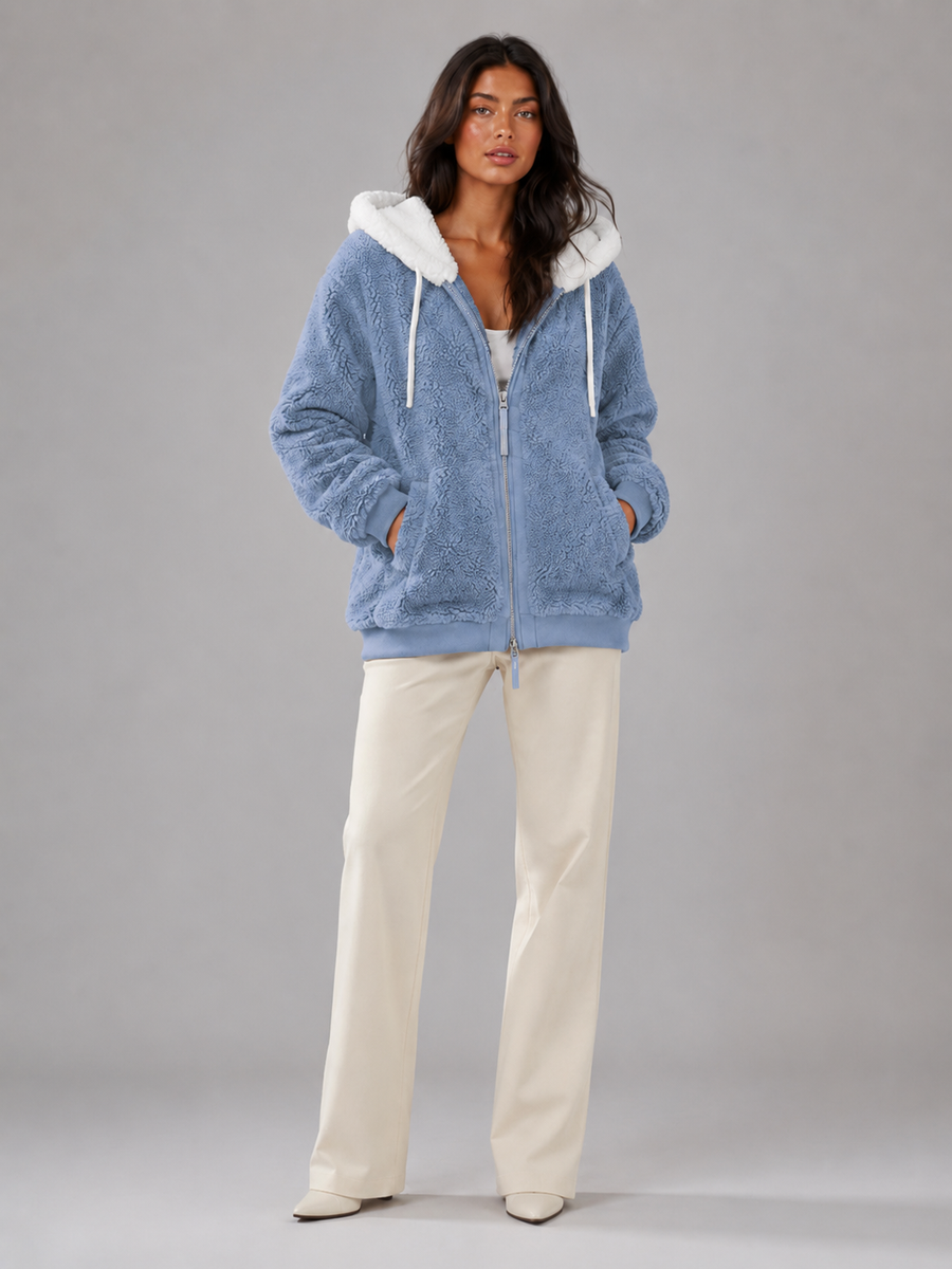 Women's sherpa-lined hooded padded jacket with a zip front