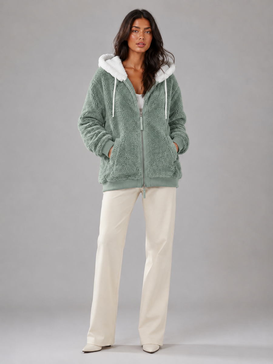 Women's sherpa-lined hooded padded jacket with a zip front