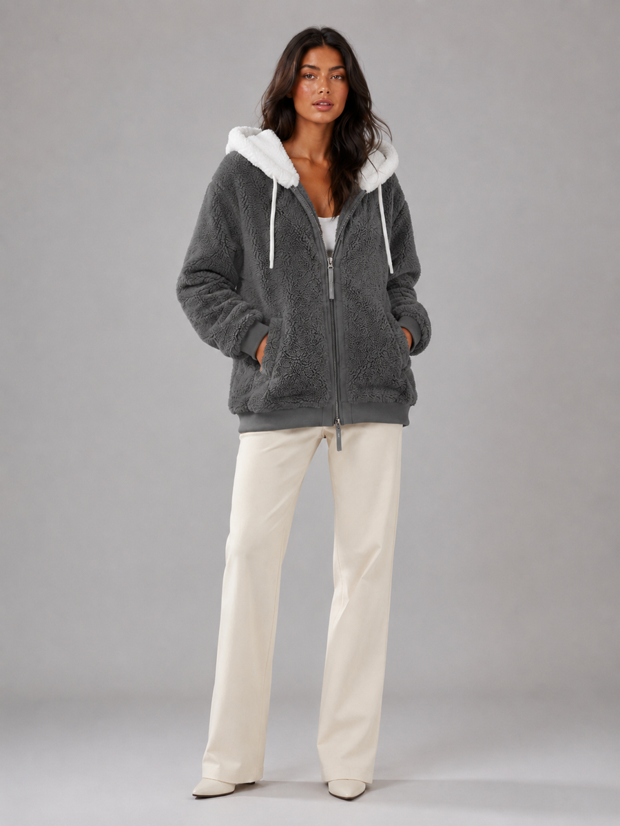 Women's sherpa-lined hooded padded jacket with a zip front