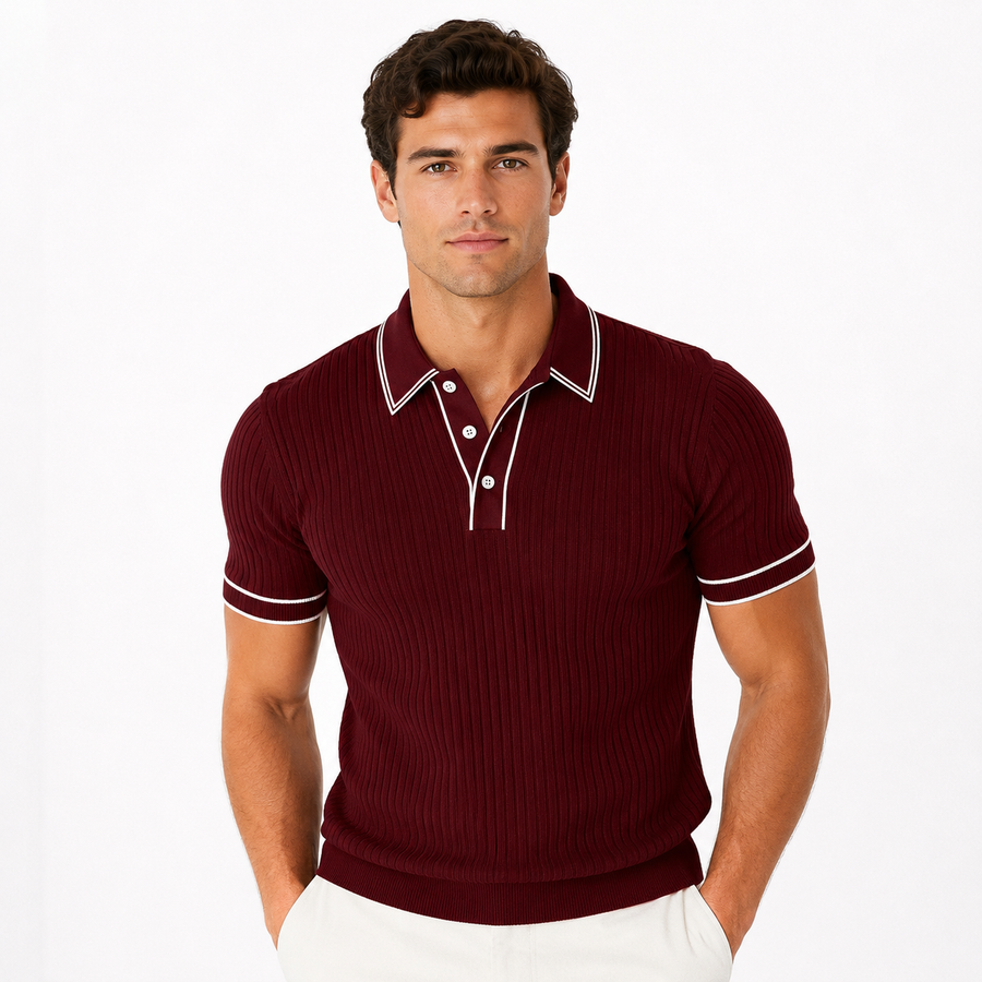 Men's ribbed-knit polo shirt with contrast trim