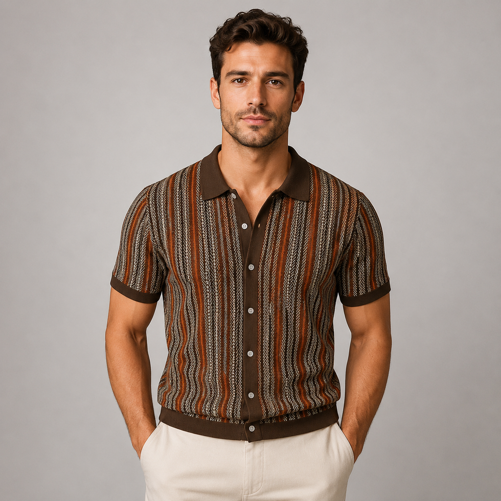 Men's striped knit short-sleeve button-down shirt