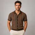 Men's striped knit short-sleeve button-down shirt