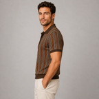Men's striped knit short-sleeve button-down shirt