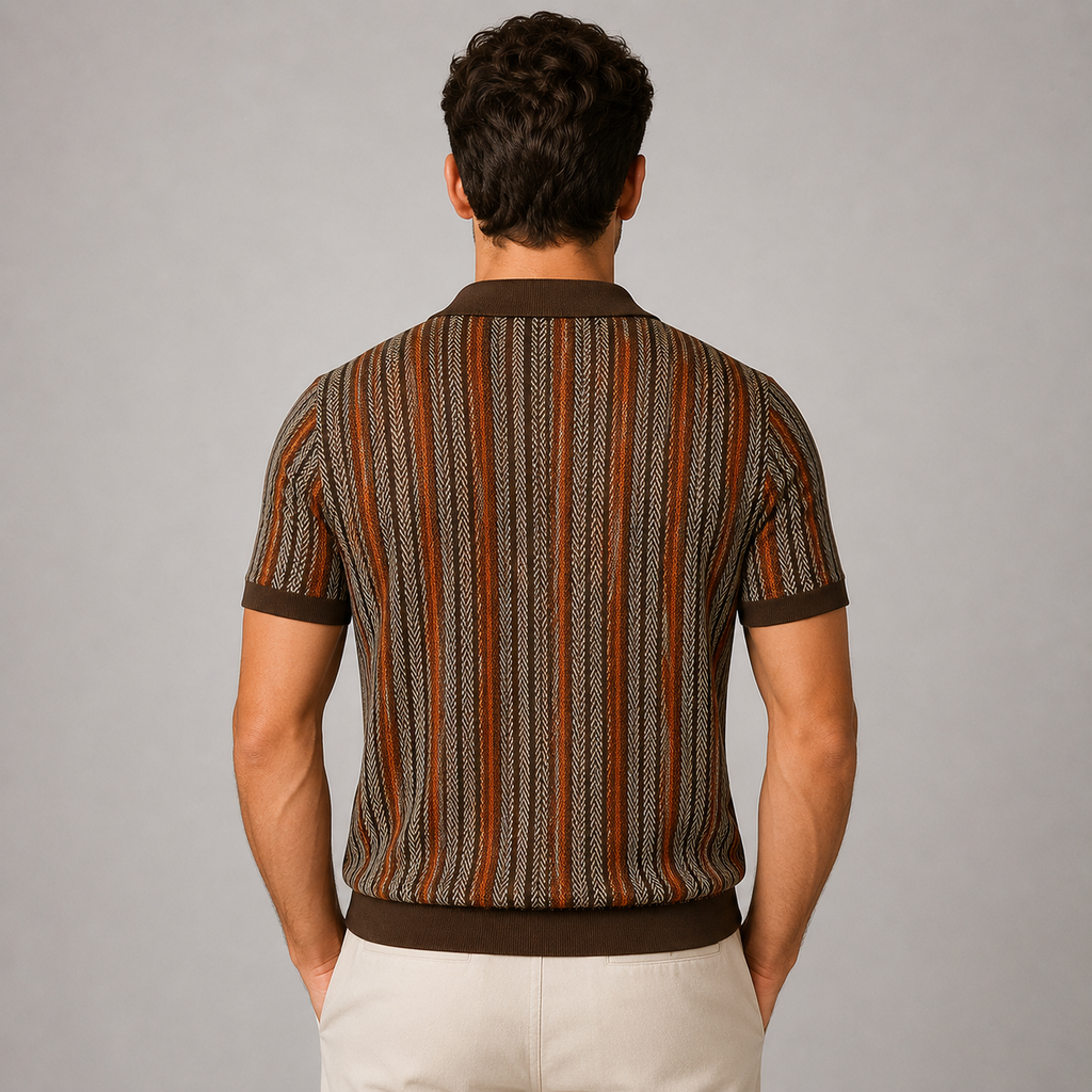 Men's striped knit short-sleeve button-down shirt