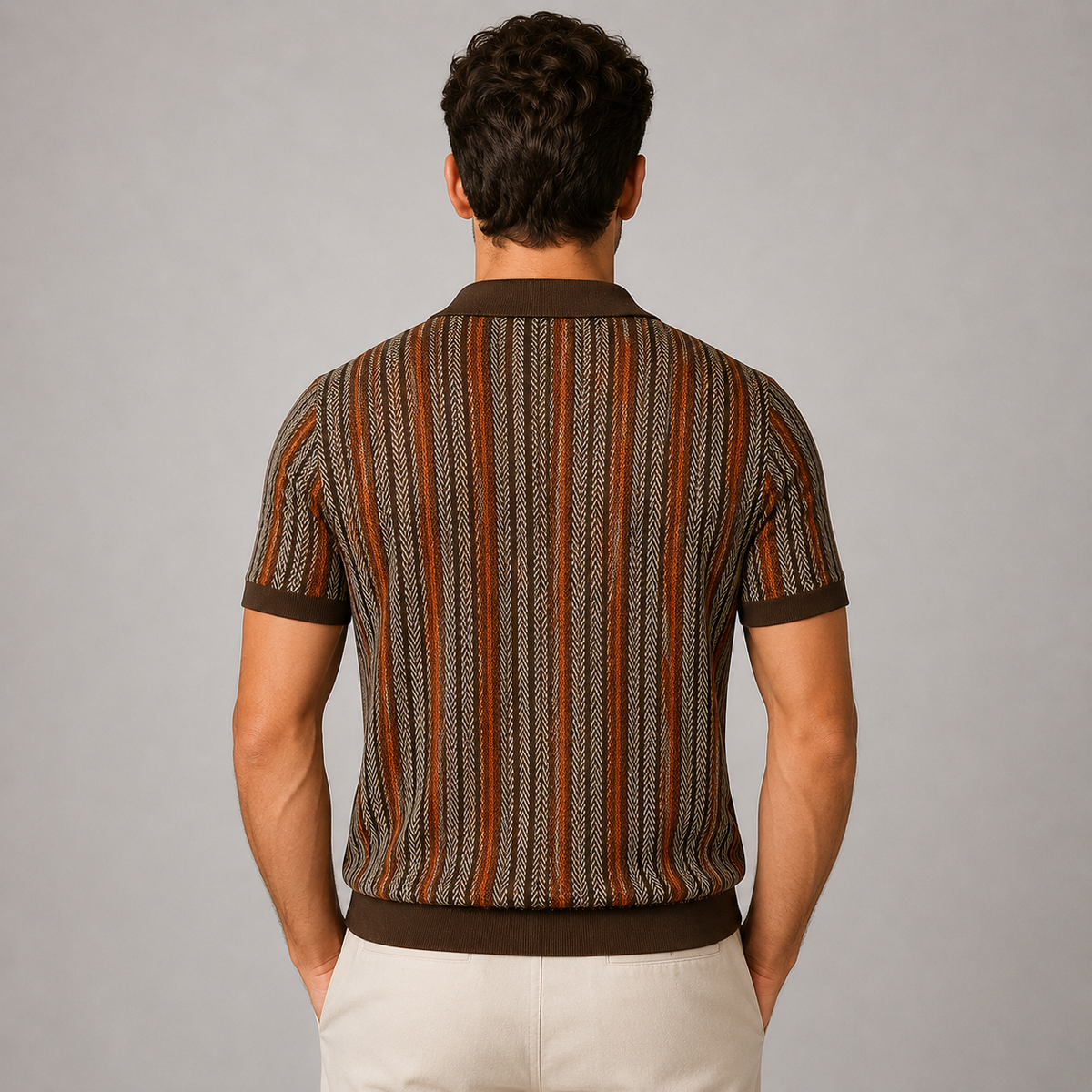 Men's striped knit short-sleeve button-down shirt