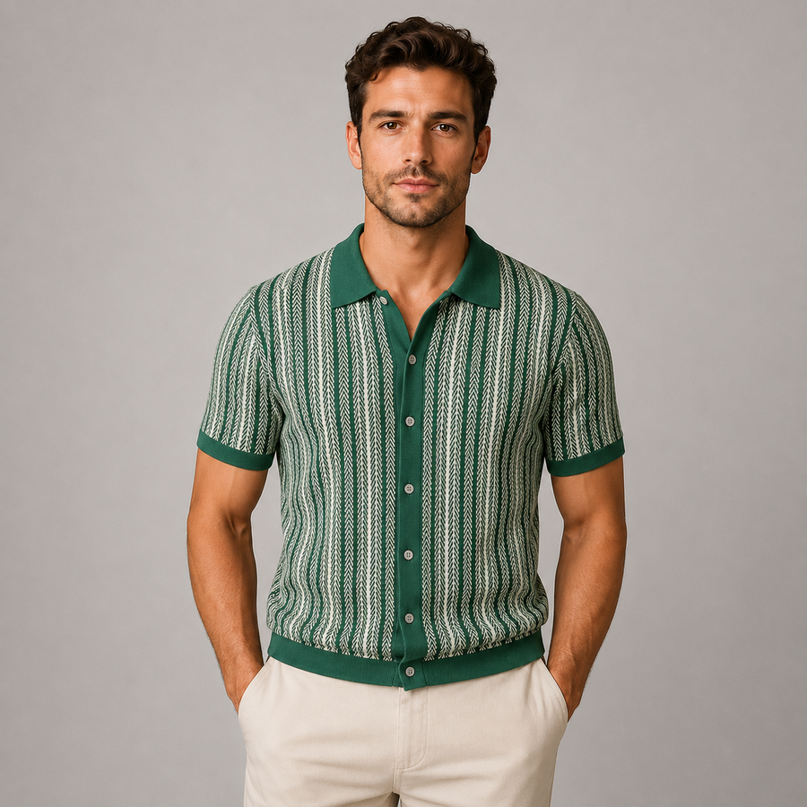 Men's striped knit short-sleeve button-down shirt