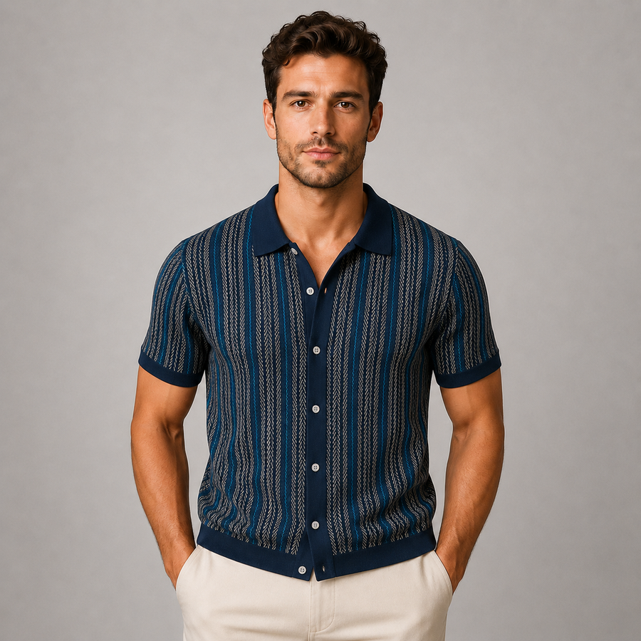 Men's striped knit short-sleeve button-down shirt