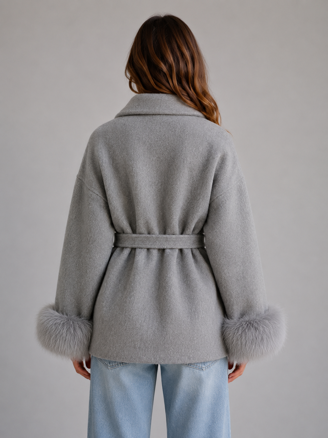 Women's belted wool-blend wrap coat with faux fur cuffs