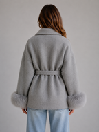 Women's belted wool-blend wrap coat with faux fur cuffs