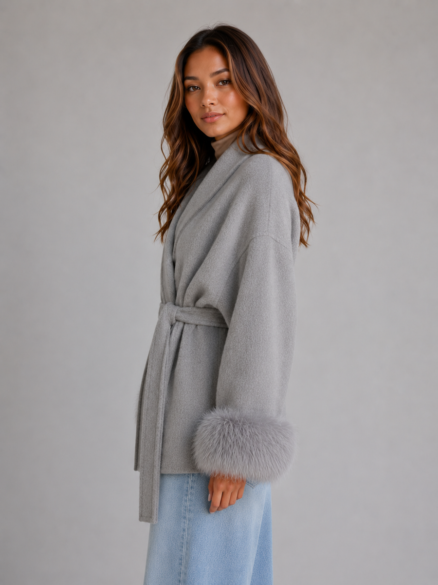 Women's belted wool-blend wrap coat with faux fur cuffs