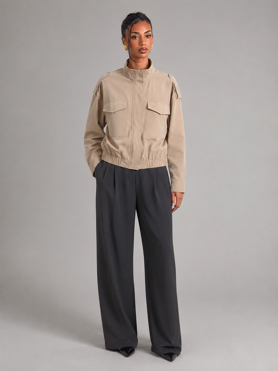 Women's utility jacket with stand collar