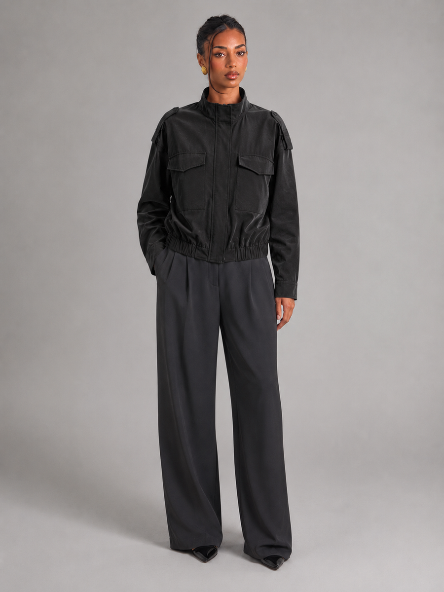 Women's utility jacket with stand collar