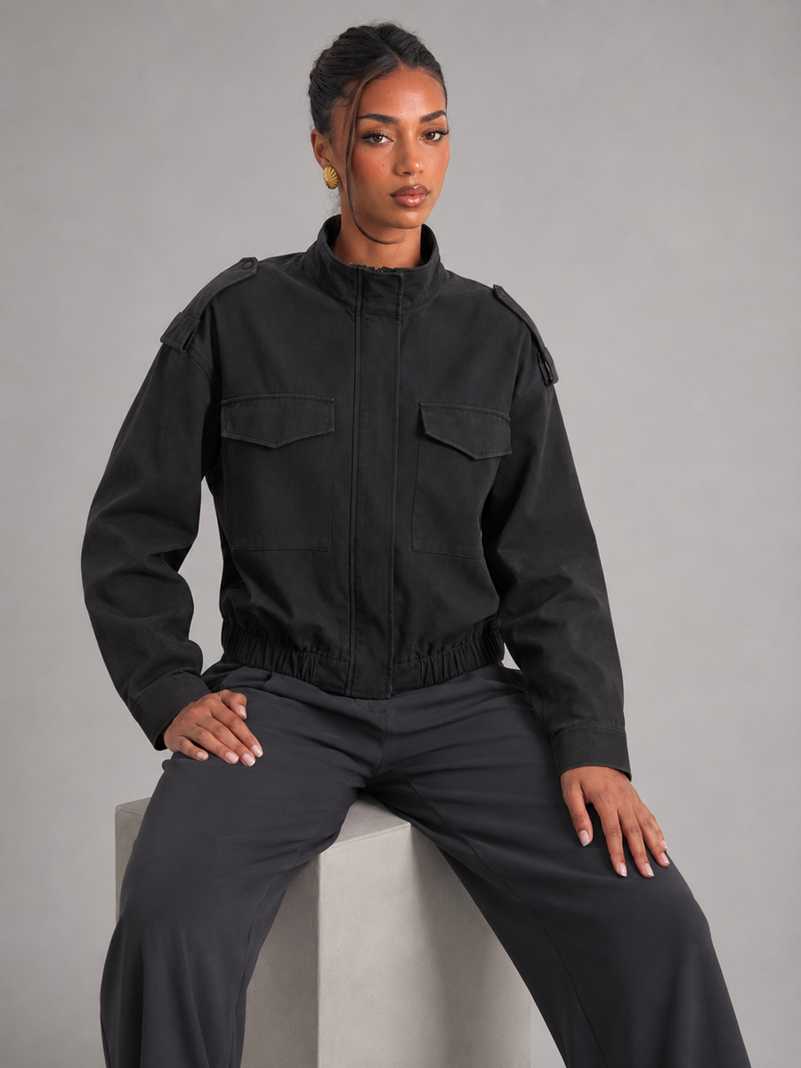 Women's utility jacket with stand collar