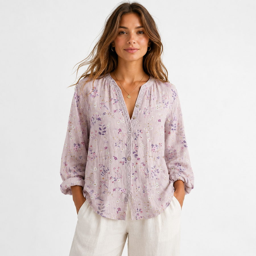 Women's floral print V-neck loose-fit shirt