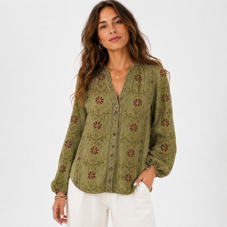 Women's floral print V-neck loose-fit shirt