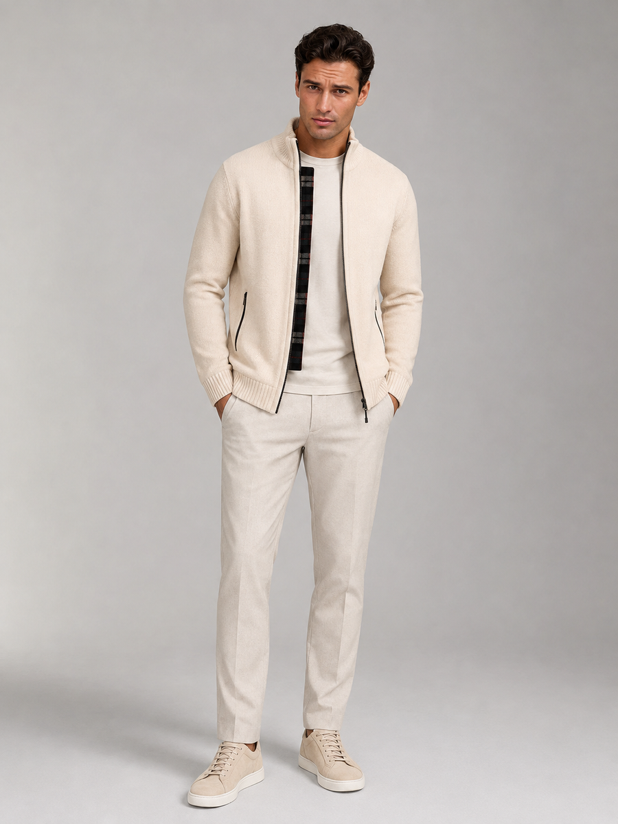 Men's chunky knit full-zip cardigan with stand collar