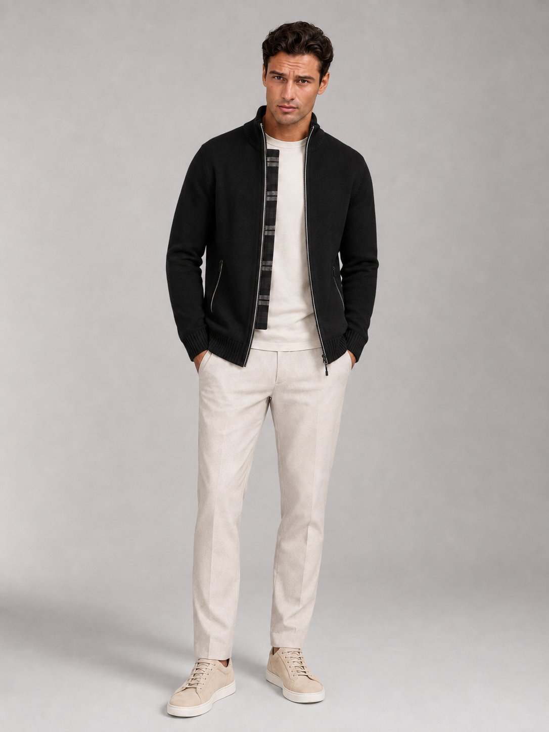 Men's chunky knit full-zip cardigan with stand collar