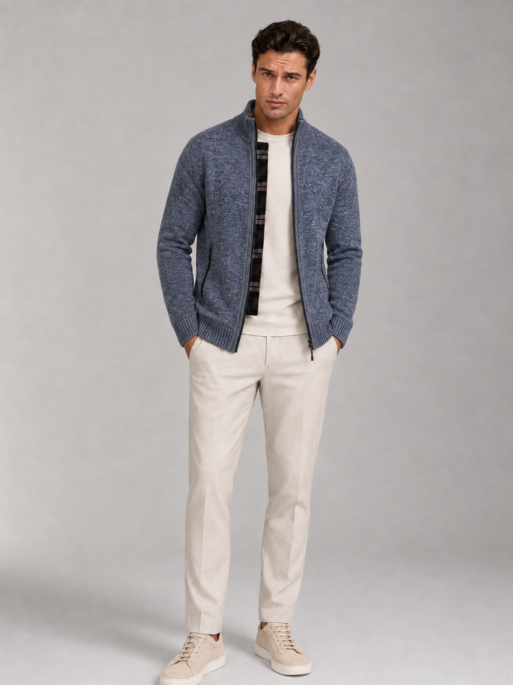 Men's chunky knit full-zip cardigan with stand collar