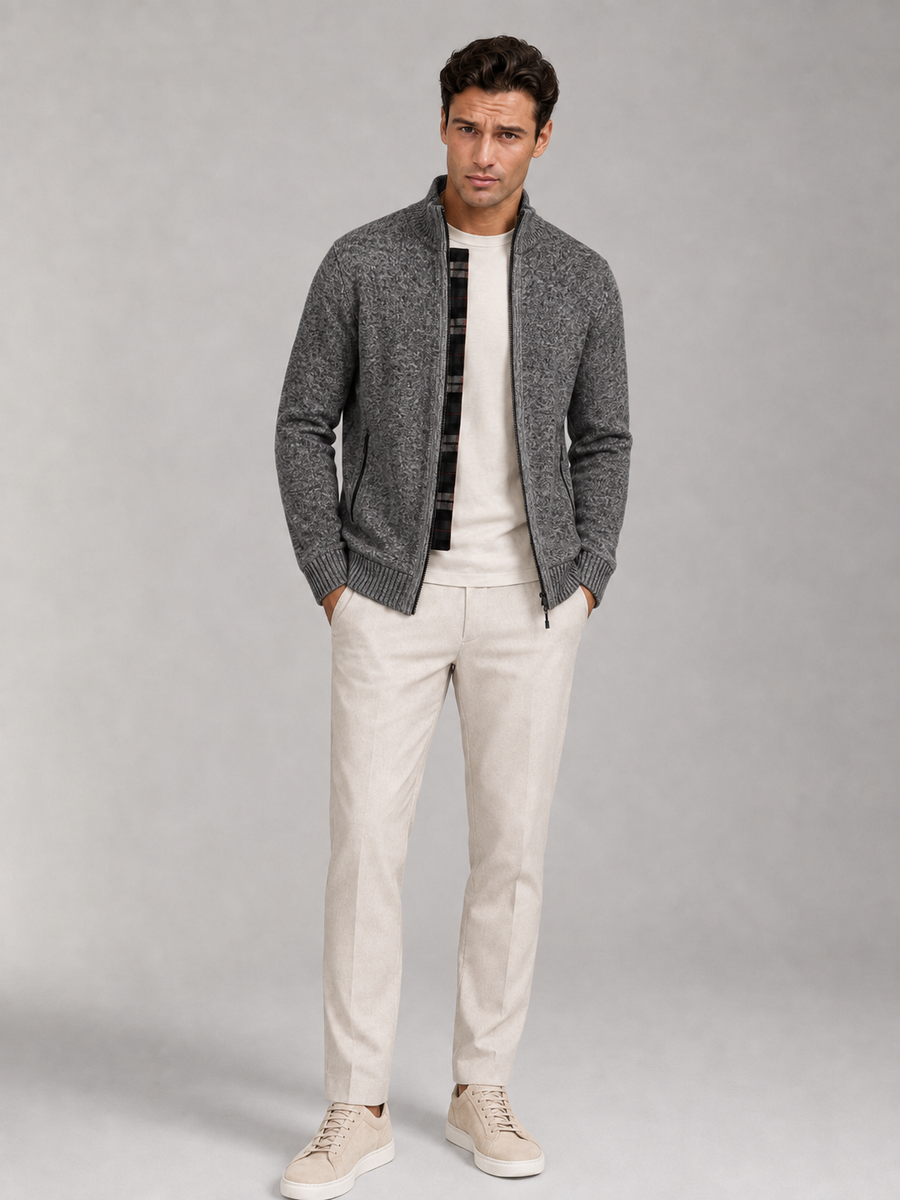 Men's chunky knit full-zip cardigan with stand collar