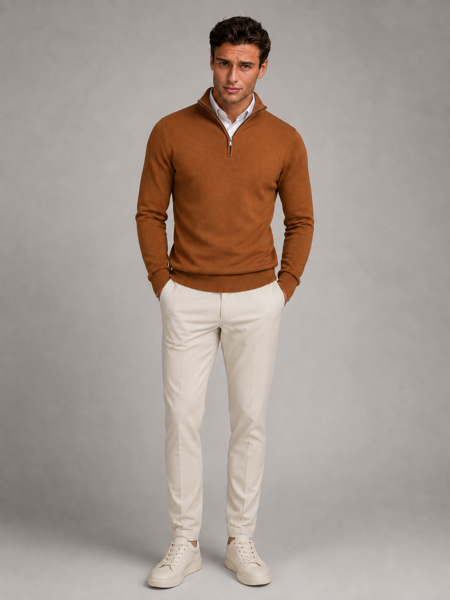 Men's fine knit quarter-zip mock neck jumper