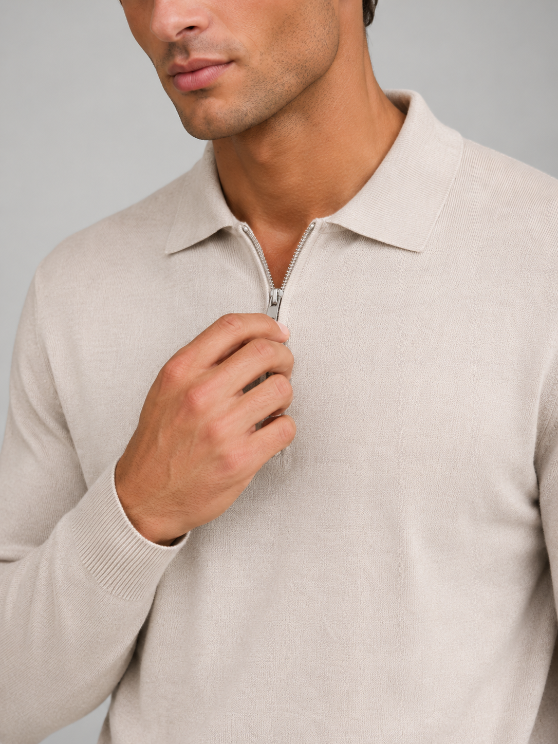 Men's fine-knit quarter-zip polo jumper