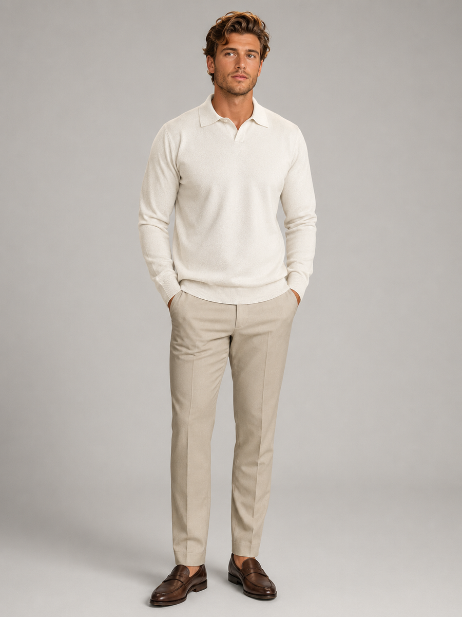 Men's ivory fine knit open-collar polo jumper
