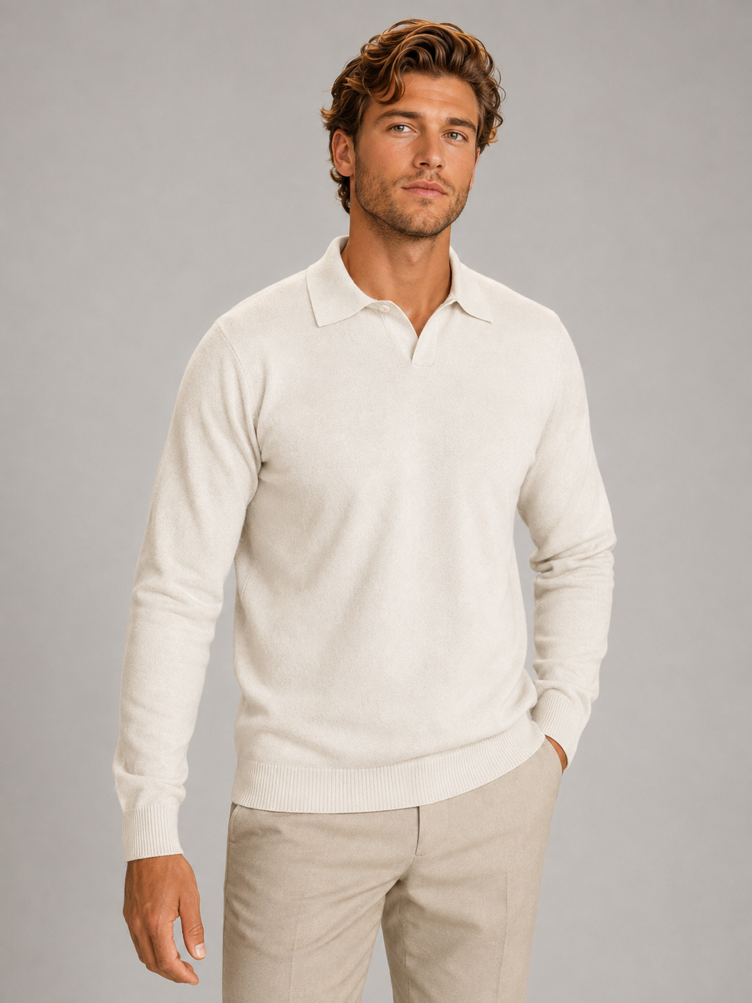 Men's ivory fine knit open-collar polo jumper