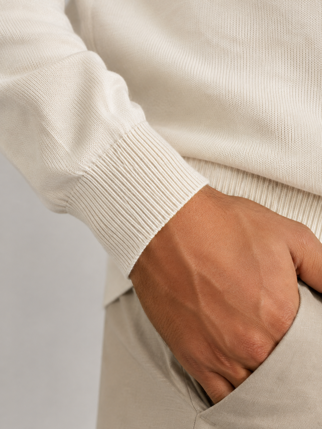 Men's ivory fine knit open-collar polo jumper