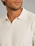Men's ivory fine knit open-collar polo jumper