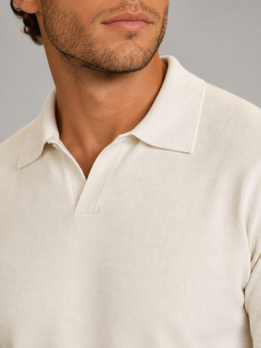 Men's ivory fine knit open-collar polo jumper