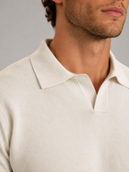 Men's ivory fine knit open-collar polo jumper